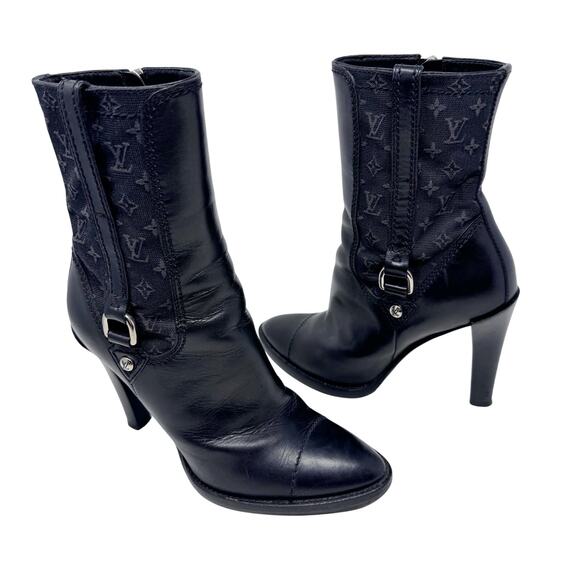 LOUIS VUITTON Black Mini Lin Monogram Leather Jodie Ankle Heels Boots EU 36.5 - Picture 1 of 12